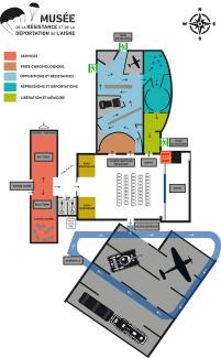 Plan du Musée de la Résistance et de la Déportation de l'Aisne à Tergnier montrant le parcours de visite, les espaces d'exposition permanente et temporaire, les services aux visiteurs et les accès.
