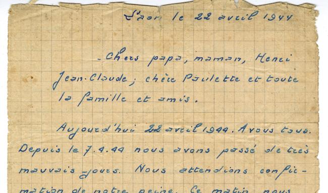 Lettre d'adieu de Léon Roussel, fusillé le 22 avril 1944 à Laon