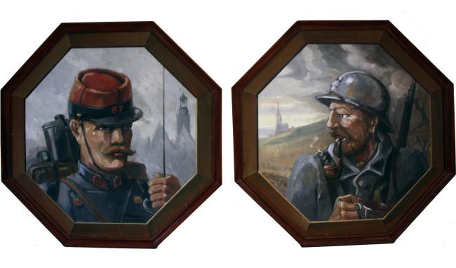 Deux peintures hexagonales représentant des soldats des 87e et 287e régiments d’infanterie français pendant la Première Guerre mondiale, conservées dans les collections du Musée de la Résistance et de la Déportation de l’Aisne.