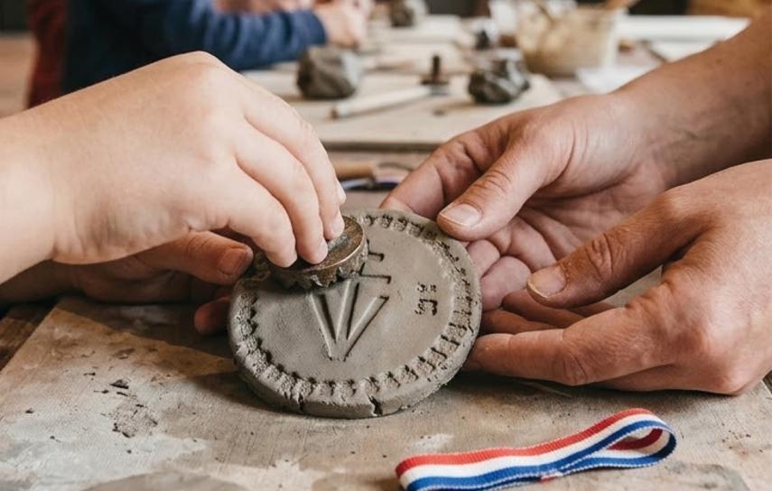 Enfant participant à un atelier de modelage de médaille en argile au musée de la Résistance et de la Déportation de l'Aisne.