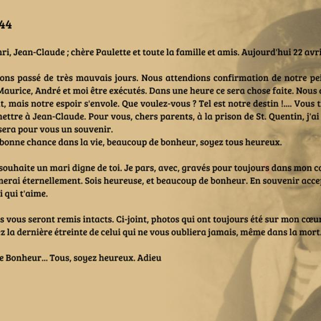 Transcription de la lettre d'adieu de Léon Roussel, fusillé le 22 avril 1944 à Laon