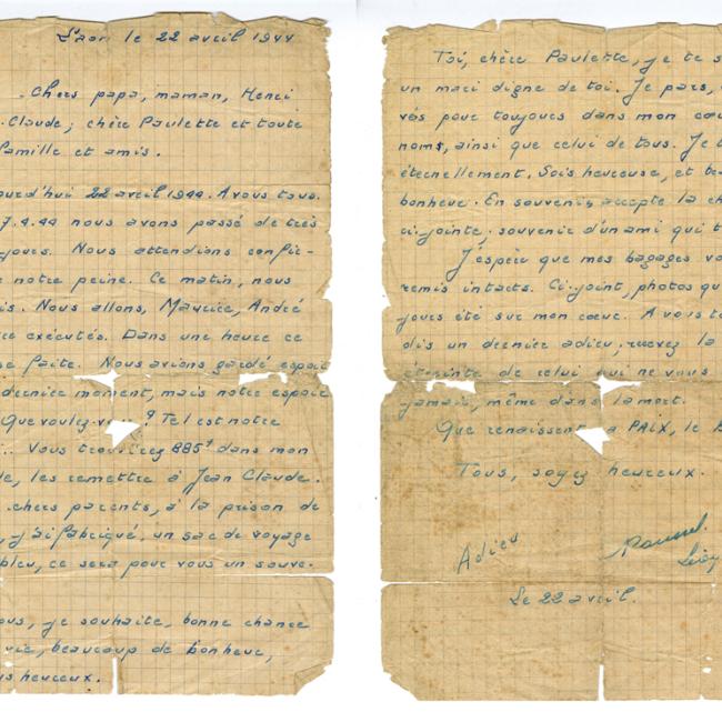Lettre d'adieu de Léon Roussel, fusillé le 22 avril 1944 à Laon