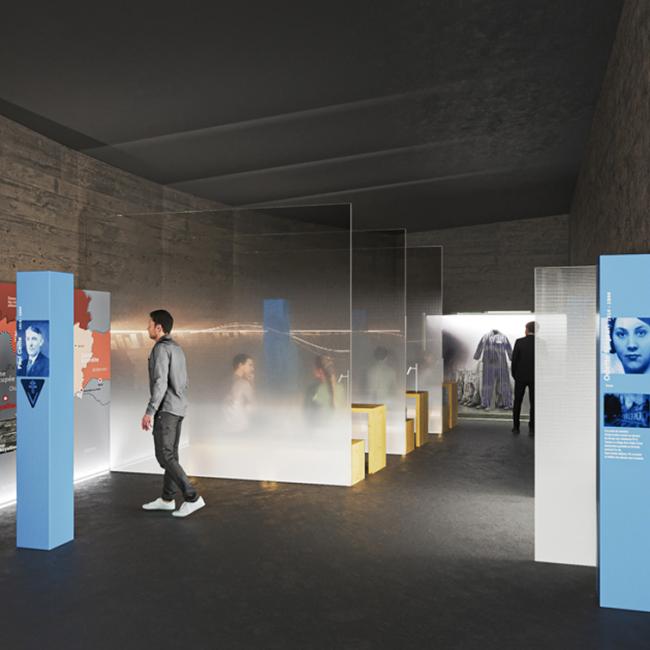 Espace d’exposition du musée présentant des panneaux thématiques et des installations immersives sur la répression et la déportation.