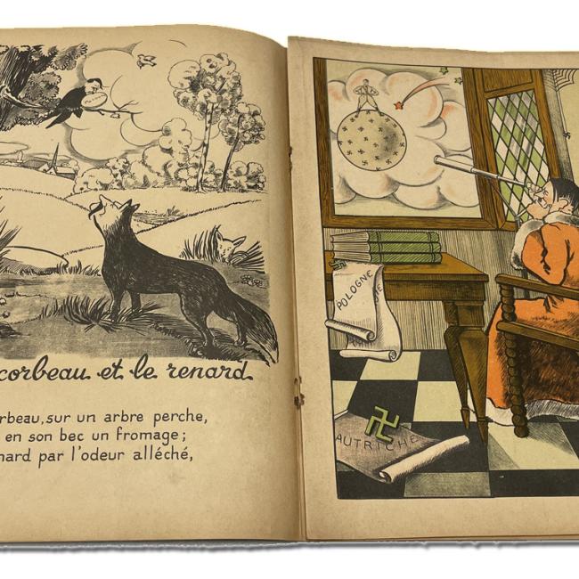 Double page illustrée de la fable Le Corbeau et le Renard montrant un corbeau perché dans un arbre face à un renard, accompagnée d’une caricature politique inspirée du contexte européen de 1939.