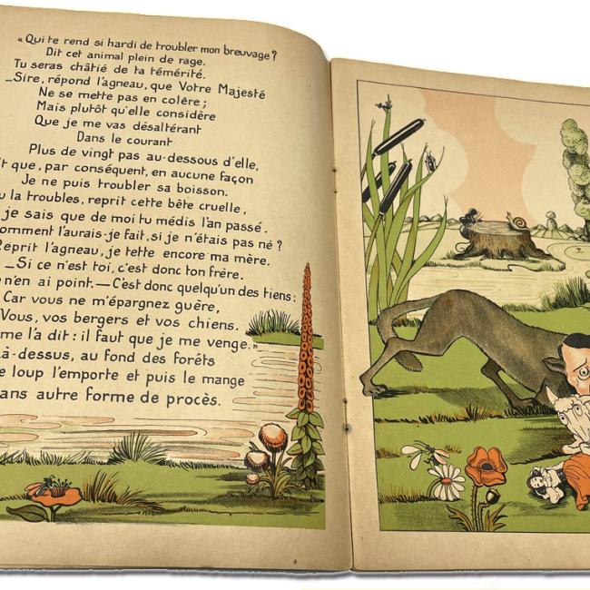 Double page illustrée de la fable Le Loup et l’Agneau montrant un loup dominant un agneau portant l’inscription « Pologne », dans une caricature politique de 1939.