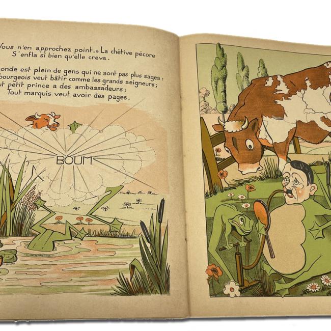 Illustration de la fable La grenouille qui veut se faire aussi grosse que le bœuf montrant Hitler caricaturé en grenouille face à un bœuf représentant l’Europe.