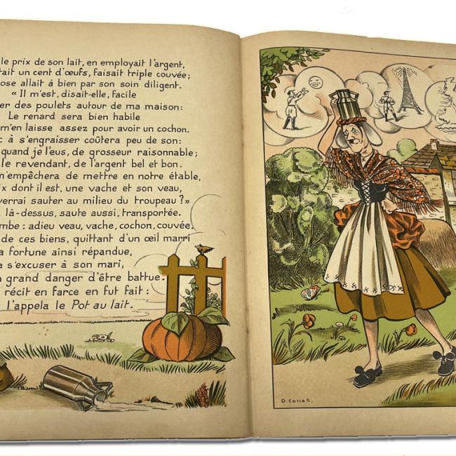 Illustration de la fable La laitière et le pot au lait montrant une laitière rêvant à ses projets tandis qu’un pot à lait renversé symbolise leur échec.
